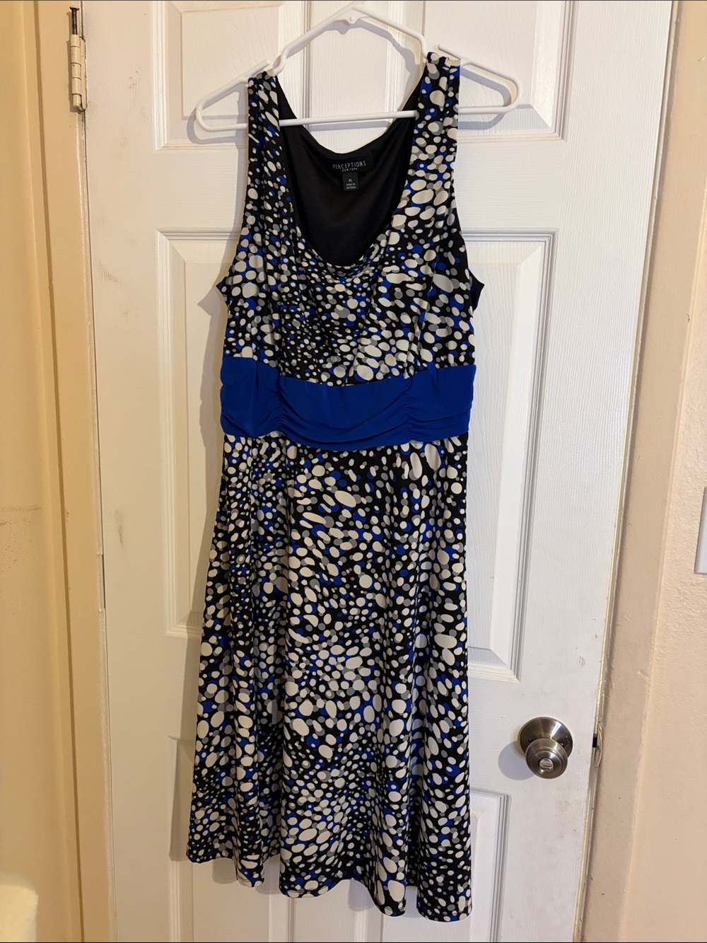 Perceptions Black, White & Royal Blue Sleeveless Midi Dress with Waistband